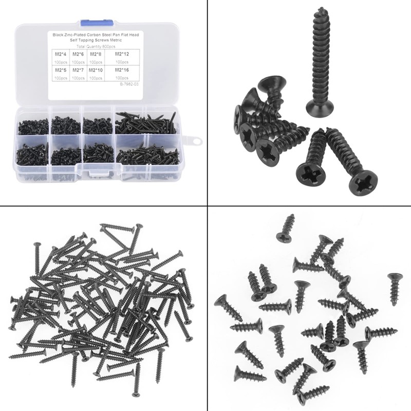 800pcs M2 Black Carbon Steel Countersunk Head Flat Head Self