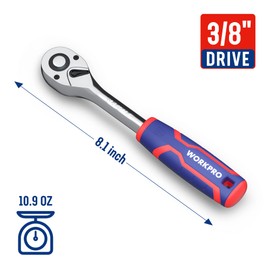 WORKPRO 3/8-Inch Drive Ratchet Wrench, 72-Tooth Reversible Ratchet, Quick-Release 3/8 Drive Ratchet Handle, CR-MO Head, Chrome Plated Finish