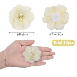 URROMA Chiffon Fabric Flowers for Crafts, 30 Pcs Cream Yellow Pearl Flower Appliques for Clothes Sew On Fabric Flowers for Headbands DIY Craft Accessories