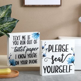 Jetec 2 Pieces Farmhouse Bathroom Signs Decor Wooden Box Sign Funny Bathroom Wall Art Rustic Wood Plaque Please Seat Yourself Decor for Home Restroom(Light Blue)