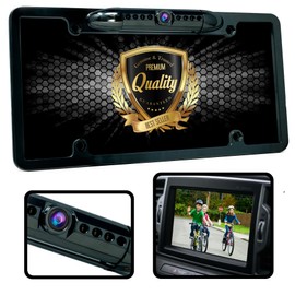 License Plate Rear View Camera - Built-in Distance Scale Lines Backup Parking/Reverse Assist IP68 Waterproof Adjustable Slim Camera w/HD 420 TVL CMOS & RCA Output Black - Audiotek AT-120LCC