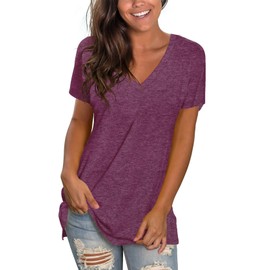 Sipaya Womens T Shirts Deep V Neck Short Sleeve Simple Basic Tops Summer Tees Fuchsia XL