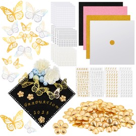 Colarr 68 Pcs Graduation Cap Decorations Kit 2025 Glitter Construction Paper Gold Artificial Flower 3D Butterfly Stickers Glitter Rhinestones Alphabet Letter Number Stickers for DIY Grad Cap Topper