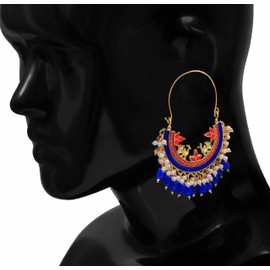 Indian Ethnic Bollywood Wedding Designer Traditional Party-wear Pearl Beaded Gold Plated Hoop Bali Indian Jhumka Jhumki Earrings Blue