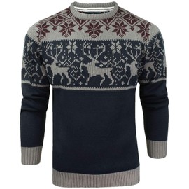 James Darby Mens Nordic Stag Festive Christmas Crew Neck Jumper - Long Sleeve, Navy - S