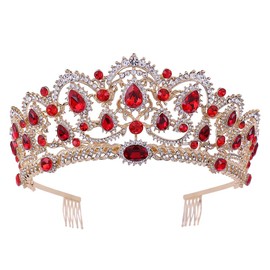 80s Baroque Crystal Birthday Party Crowns for Women Girls Ruby Jewelry Pageant Banquet Headpieces,Gold Red