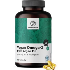 Vegan Omega-3 1100 mg - Oil from Schizochytrium Algae - DHA and EPA in Optimal Ratio 2:1 - 120 Soft Capsules - 2 Month Supply - With Vitamin E