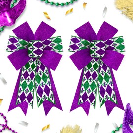 Estivaux 2 Pieces Mardi Gras Bows for Wreath, Mardi Gras Wreath Bows Green Buffalo Plaid Bows Glitter Purple Craft Bows Ornaments Farmhouse Tree Bows for Front Door Carnival Party Decorations