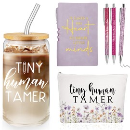 Domensi 6 Pcs Tiny Humans Tamer Teacher Appreciation Gift Christmas Thank You Gifts for Teachers Preschool Daycare Kindergarten 16oz Glass Can Cup with Straw Journal Ballpoint Pen Makeup Bag(Purple)