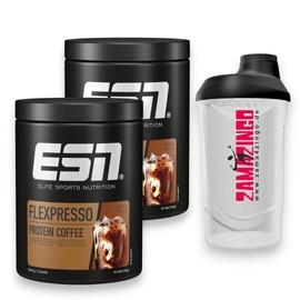 ESN Flexpresso Whey Protein Kaffee mit Caramel Flavour 300g (2er Pack) + Gratis Zama4zingo Shaker 600ml | Whey, Fitness, training, gym, kaffee
