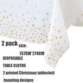 2Pcs 137*274cm White and Gold Disposable TableCloths Party Paper Plastic TableCloth,Gold Star Rectangular Waterproof Table Cover for Picnic,Baby Shower,Wedding,Christmas,Birthday Party Decorations