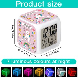 Cisixin Digital Alarm Clock Unicorn Colourful Square Girls LED Illuminated Discolouration and Decompression Alarm Clock Creative Colour LED Digital Clock with Temperature Display Table Clock Change