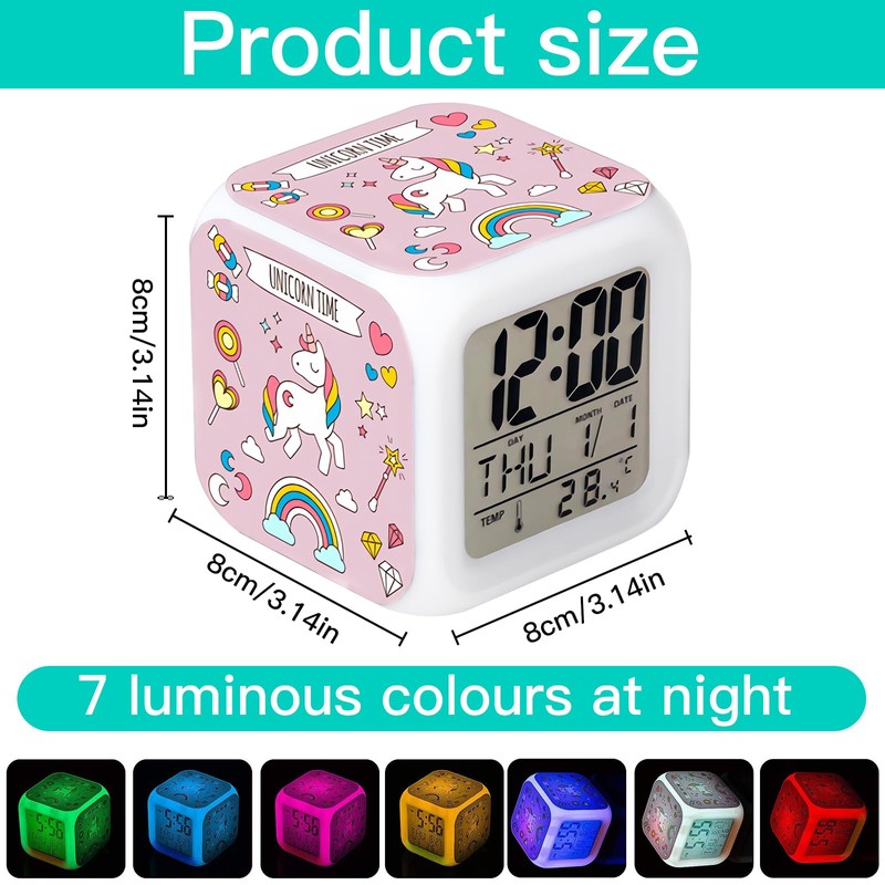 Cisixin Digital Alarm Clock Unicorn Colourful Square Girls LED Illuminated