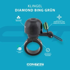 CONTEC Bike Bell Diamond Bing Bike Bell 26mm Diameter Standard Handlebar Mount Adjustable Loud Brass Black and Green