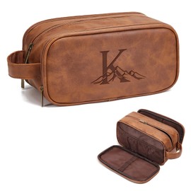 Janhavi Gifts for Father's Day, Waterproof Laser Engraved Initials & Mountain, Make Up Bag for Traveling Men's Accessories Organizer Groomsmen Gifts for Him Travel Essentials(Medium, Yellow Brown, K)