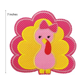 7" Large Thanksgiving Turkey Princess Pink Yellow Embroidered Iron on Sew on Patch for Kids Children