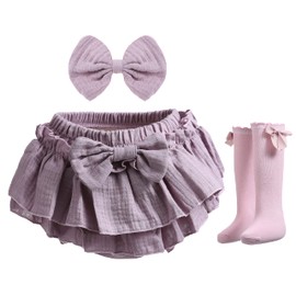 Newborn Baby Girl Cotton Skirts with Built-in Shorts Toddlers Ruffle Diaper Covers Infant Skorts with Bows Headband Set Purple