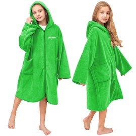 Hiturbo Kids Hooded Towel Robe: Changing Zipper Bath Robe Poncho Towelling for Swimming Beach Surfing Home Green