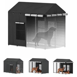 LitaiL Outdoor Dog Kennel Cover 8'D x 4'W x 6'H, Heavy Duty 1200D Waterproof Dog Cage Cover, Windproof UV Resistant Full Coverage Tarp with Clear PVC Door & Mesh Windows for Outside Dog Kennel, Black