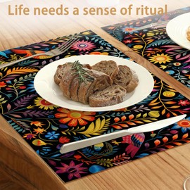 6 Pcs Placemats,Mexico Floral Placemats,Art Birds Table Mats Washable Recyclable Table Placemat for Indoor Outdoor Heat Resistant Kitchen Dining 12"x18"