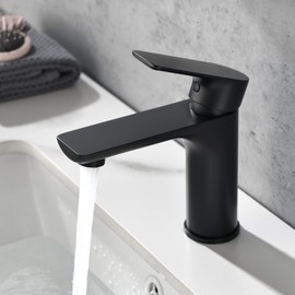 SHAMANDA Brass Bathroom Faucet, Single Handle One Hole Matte Black Bathroom Sink Faucet with cUPC Water Supply Lines, LB201-7