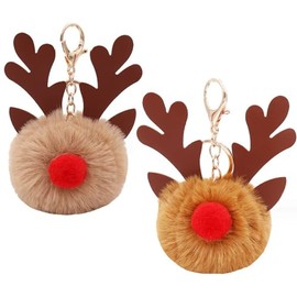 XNHIU 2Pcs Christmas Reindeer Keychains Cute Reindeer Pom Pom Keyrings Plush Elk Keychain Women Girls Key Pendant Party Favour Xmas Cartoon Decoration for Purse Key Bag