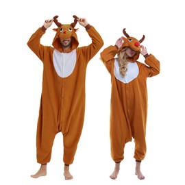 NEWCOSPLAY Unisex Adult Brown Reindeer Onesie Plush One Piece Pajamas Christmas Costume(Brown Reindeer,Medium)