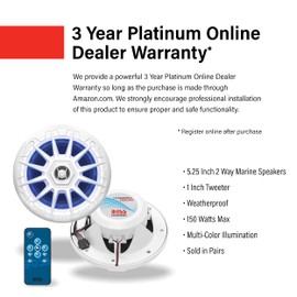 BOSS Audio Systems MRGB55W 5.25 Inch Marine Speakers - Weatherproof, 150 Watts Per Pair, 75 Watts Each, Multi-Color Illumination, Full Range, 2 Way, Sold in Pairs