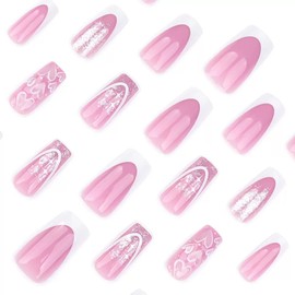Press on Nails Medium Square Fake Nails White French Tip False Nails Pink Acrylic Nails with Heart Design Glue on Nails Glitter Glossy Full Cover Stick on Nails for Women Manicure 24Pcs