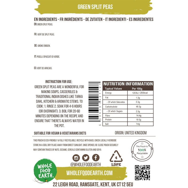 Wholefood Earth Green Split Peas 500 g | GMO Free