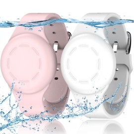 R-fun Waterproof for Air Tag Bracelets [2 Pack] Compatible with Apple Air Tag Finders with Soft Silicone,Anti Lost GPS Item Finders Case Cover,White/Pink