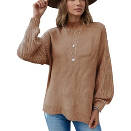 VIMPUNEC Women's Oversized Sweater Long Sleeve Fall Casual Knit Pullover Top Mock Neck Side Slit Jumper Khaki S