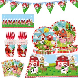 132Pcs Farm Birthday Decorations Farm Animals Party Supplies Tableware Set With Paper Plates Cups Napkins Forks Banner Gift Bags Tablecloth for Farm Birthday Party Baby Shower Decorations