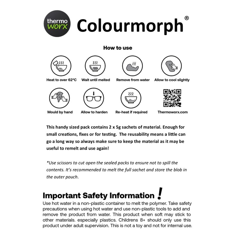 Thermoworx Colourmorph. Hand mouldable Multi-use thermoplastic. Melt, Mould and Reuse.