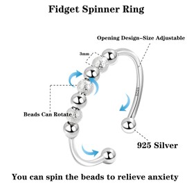 Anxiety Bague Anti-Stress en Argent 925 for Women Bague Anti-Stress for Women Bague de Perles Mobile Bijoux Cadeaux, Plastiques, Silver