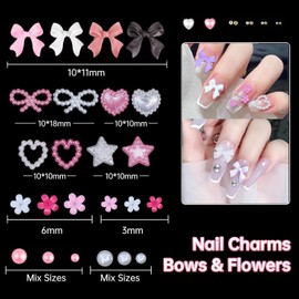 Chunky Nail Charms and Gems Girly Coquette Nail Charms, Assorted Bows Heart Star Moon, Cute 3D Flowers for Nails, Pink & White Pearls with Pickup Pencil and Tweezers Tool for Kawaii Nail Art Design
