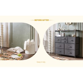 TIQLAB Dresser for Bedroom with 8 Drawers, 38.5” Tall Storage Tower with Fabric Bags, Double Wide Chest of Drawers with Led and Power Strip and Metal Frame for 40” TV, for Kids Room,Entryway, Black