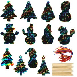 NQEUEPN 96pcs Christmas Scratch Papers, Christmas Tree Snowman Scratch Christmas Ornaments Creative DIY Hanging Craft Art Kits with Wooden Stick and Ribbon for Kids Xmas Tree Decor