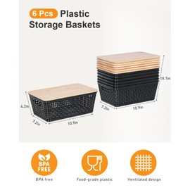 Storage Bins with Lids 6 Packs, Plastic Storage Bins with Bamboo Lids for Pantry Organization and Storage Containers for Shelves Drawers Desktop Closet Playroom Classroom Office Home, Black