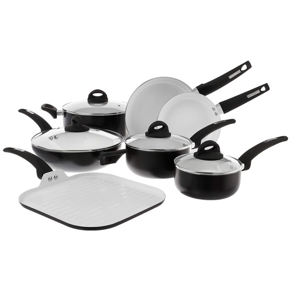 Oster Herstal Aluminum Cookware Set with Ceramic Non-Stick and Soft Touch Bakelite Handle with Tempered Glass Lids, 11-Piece, Black w/White Interior