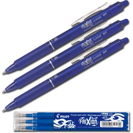 Pilot Frixion Ball Clicker Rollerball Pen Erasable 0.7 mm (3 Pens + Refills, Blue)