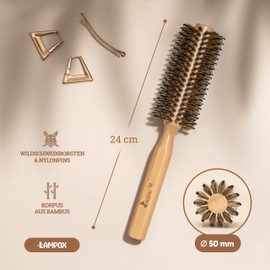 lampox Round Blow Drying Brush with Boar Bristles for Volume and Shine, Round Hair Brush, Styling Brush for Women and Men, Straightening, Curling (M)
