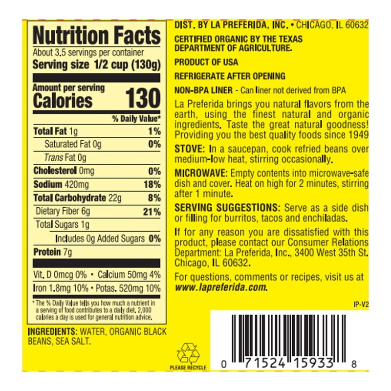 La Preferida Organic Refried Black Beans, 15 oz (Pack of