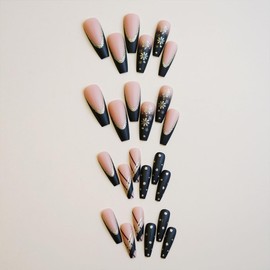Black Press on Nails Long Coffin Fake Nails Snowflake False Nails Matte Acrylic Glue on Nails Bling Glitter Ballerina Artificial Nails Full Cover French Tip Stick on Nails for Women Manicure 24 Pcs