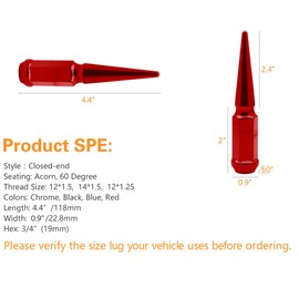 20pc Spike Lug Nut 12x1.5 Red 4.4" Tall Offroad Extended Metal Lugs Premium, 1 Socket Key Included