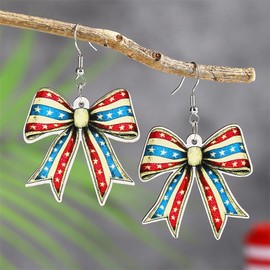 4th of July American Patriotic Wood Earrings for Women Red White Blue Bow Dangle Earring Lightweight Independence Holiday Memorial Day Decor Accessories-C