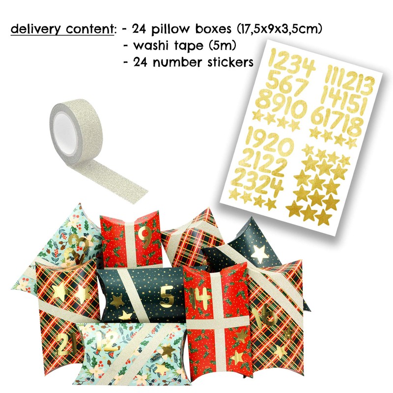 Papierdrachen 24 Advent Calendar Pillow Boxes - with Washi Tape