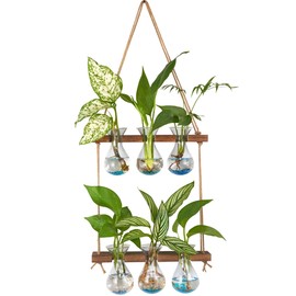 XXXFLOWER Wall Hanging Propagation Station with Wooden Stand 3 Bulb Vase 2 Tiered Planters Wall Terrarium for Home Office Plant Hanger Flower Vases Wall Decor(Brown)