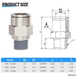 Tailonz Pneumatic Male Straight 1/2 Inch Tube OD x 3/8 Inch NPT Thread Push to Connect Fittings Copper Nickel Plating TPC-1/2-N3 (Pack of 2)
