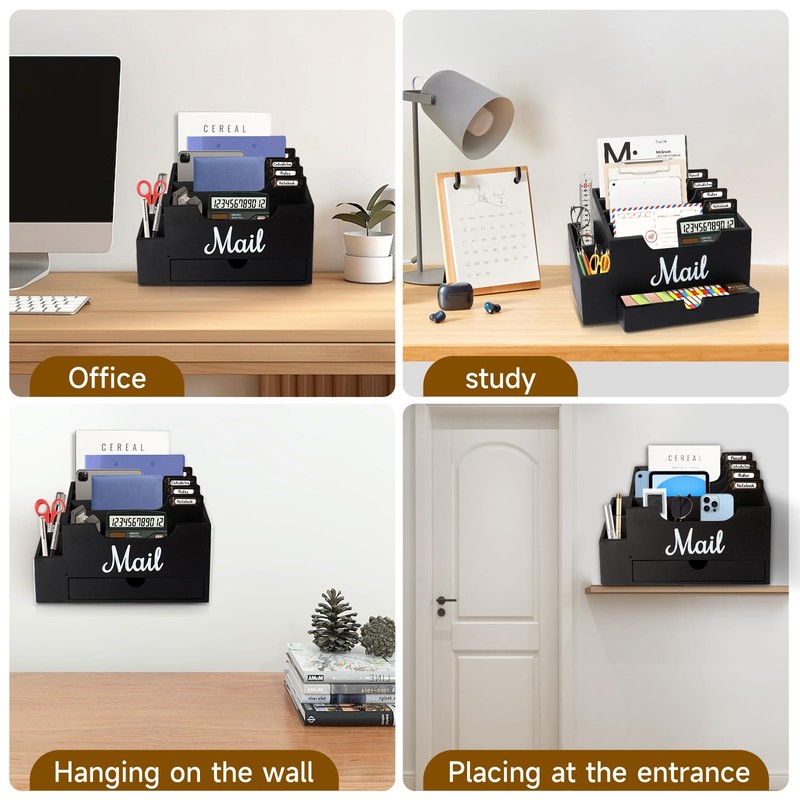 Niciksty Wood Desktop Mail Organizer, Mail Organizer Countertop with 6